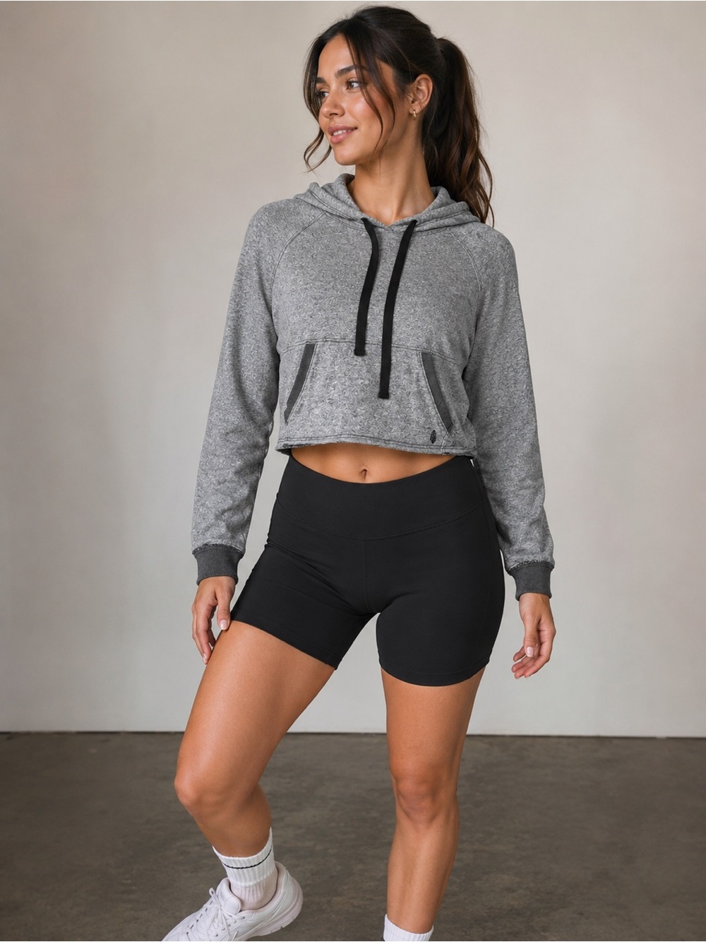 Free People FP Movement Gray Lightweight Cropped Hoodie with Drawstring